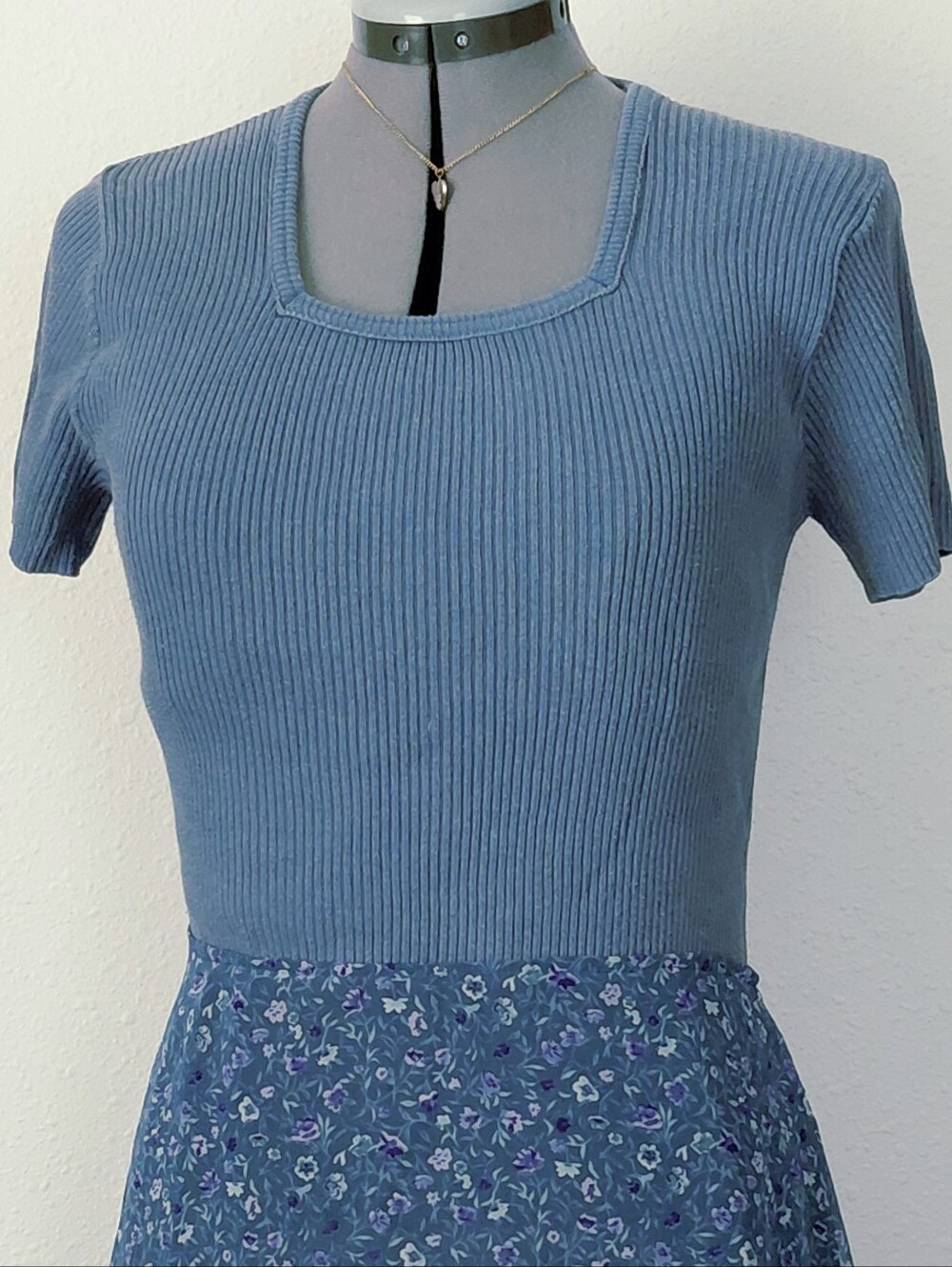Vintage 90s Blue Ribbed Short Sleeve Square Neck Top